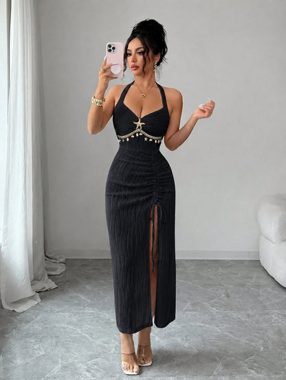 Elenzga Women's Elegant White Seductive Textured Backless Tie Dress,Pleated Halter Midi Bodycon Ruched Dress With Metal Decor,Slit Hem For Summer Date Party