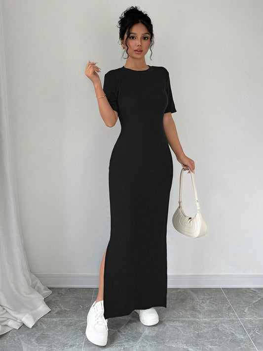 Elenzga Women V-Neck Split Hem Solid Color Short Sleeve Dress Maxi Women Outfit