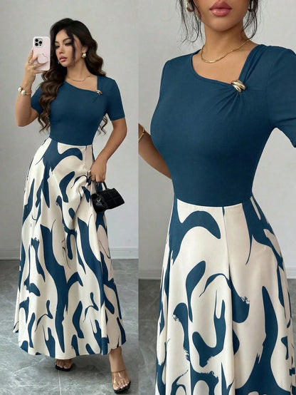 Elenzya Women's Elegant Beige Summer V-Neck A-Line Dress,Abstract Black & White Pattern,Metal Buckle Decor,Retro French Style For Tea Party,Vacation,Commute