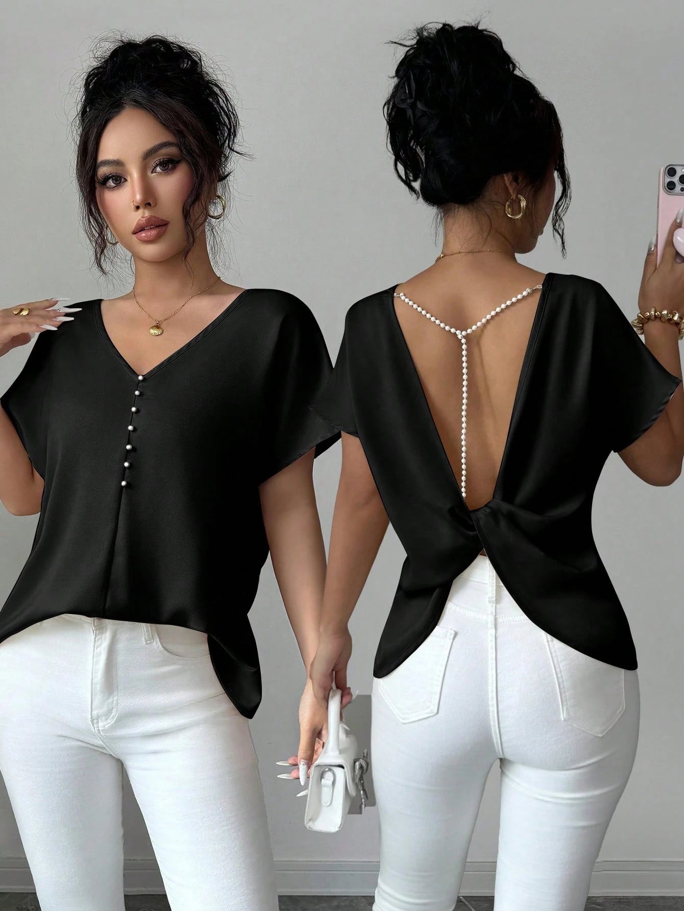 Elenzya Women's Summer Exquisite Elegant Satin Twisted Knot Backless Pearl Chain Decor Cold Shoulder Blouse