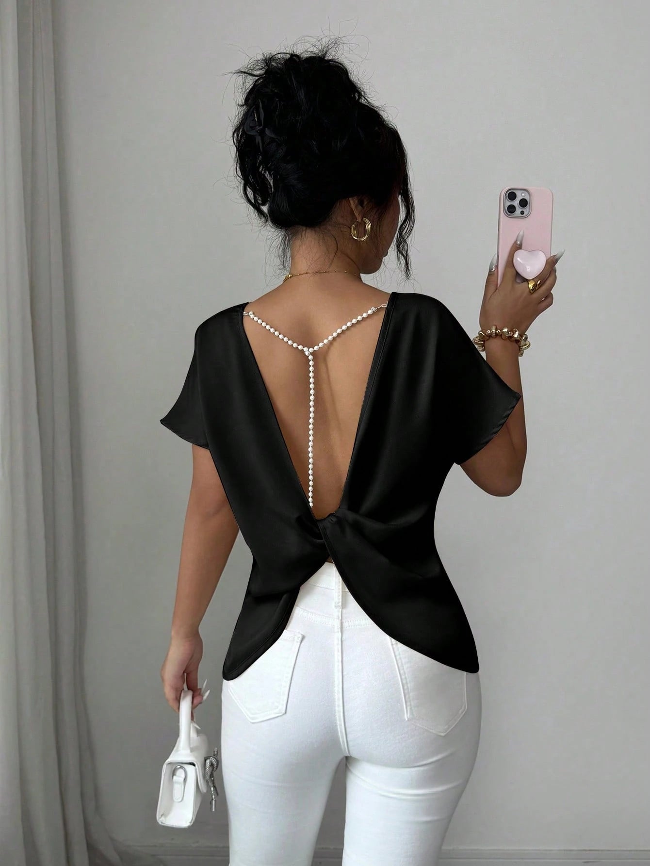 Elenzya Women's Summer Exquisite Elegant Satin Twisted Knot Backless Pearl Chain Decor Cold Shoulder Blouse