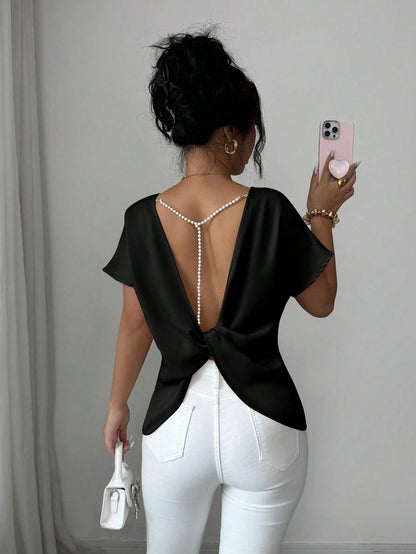 Elenzya Women's Summer Exquisite Elegant Satin Twisted Knot Backless Pearl Chain Decor Cold Shoulder Blouse