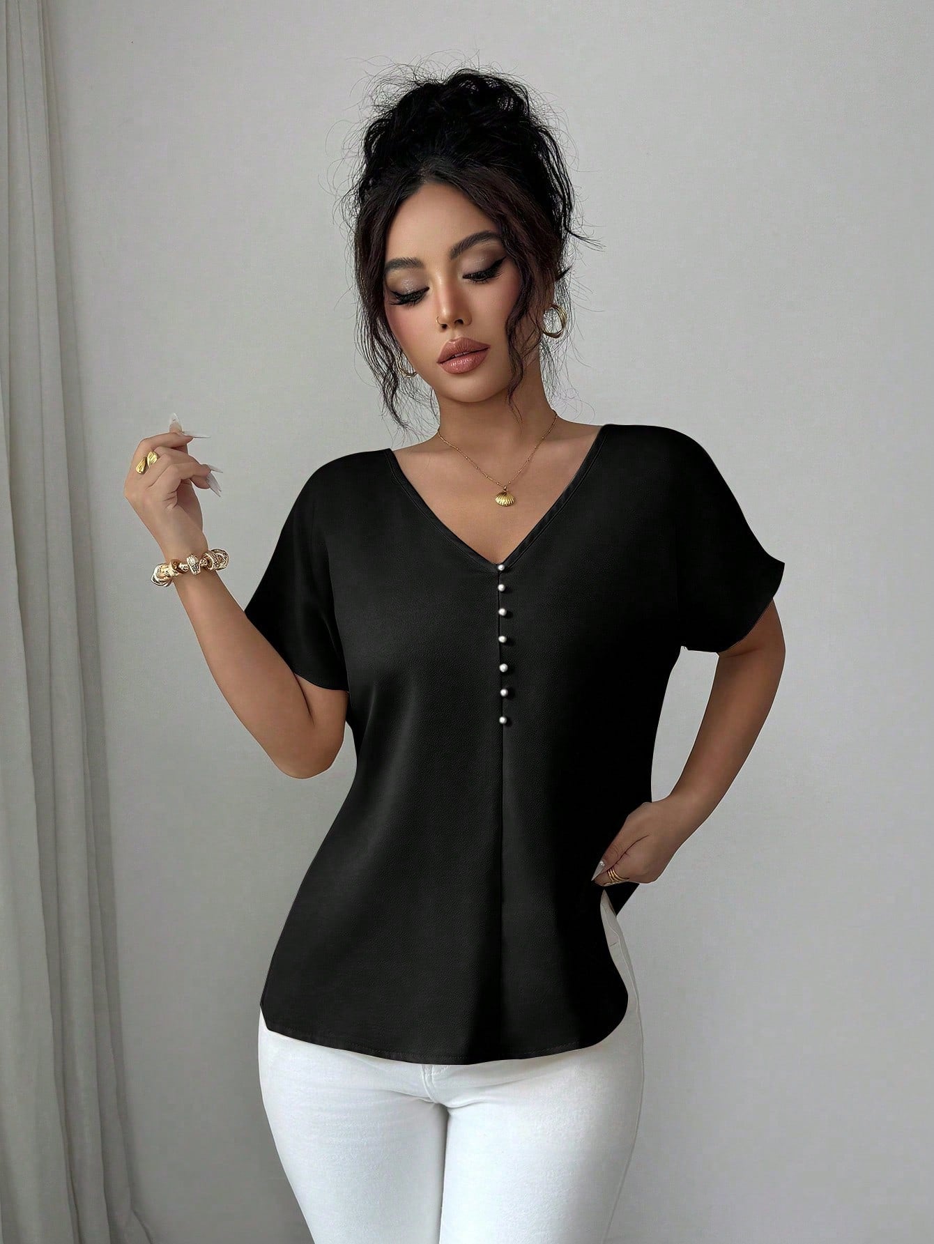 Elenzya Women's Summer Exquisite Elegant Satin Twisted Knot Backless Pearl Chain Decor Cold Shoulder Blouse