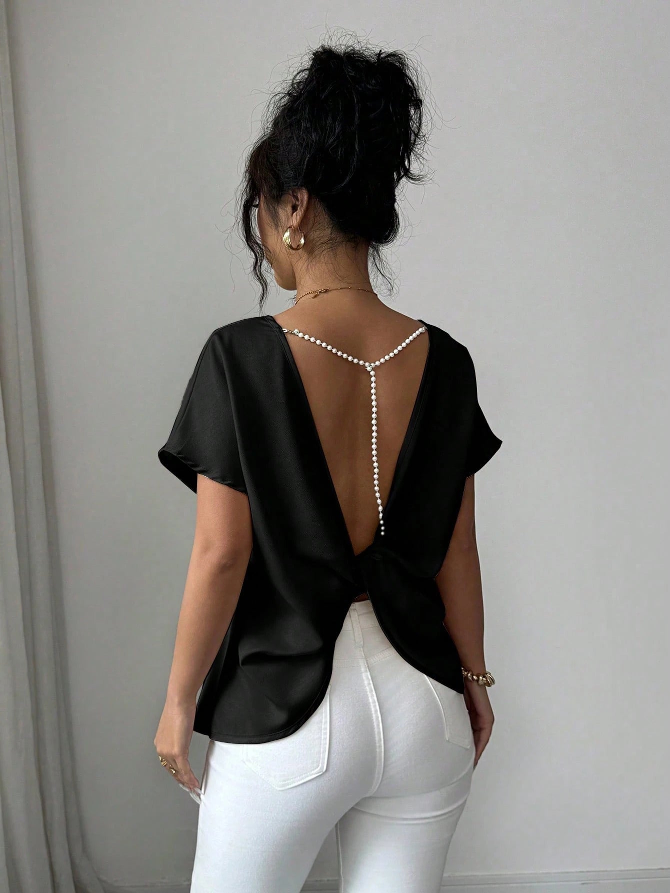 Elenzya Women's Summer Exquisite Elegant Satin Twisted Knot Backless Pearl Chain Decor Cold Shoulder Blouse