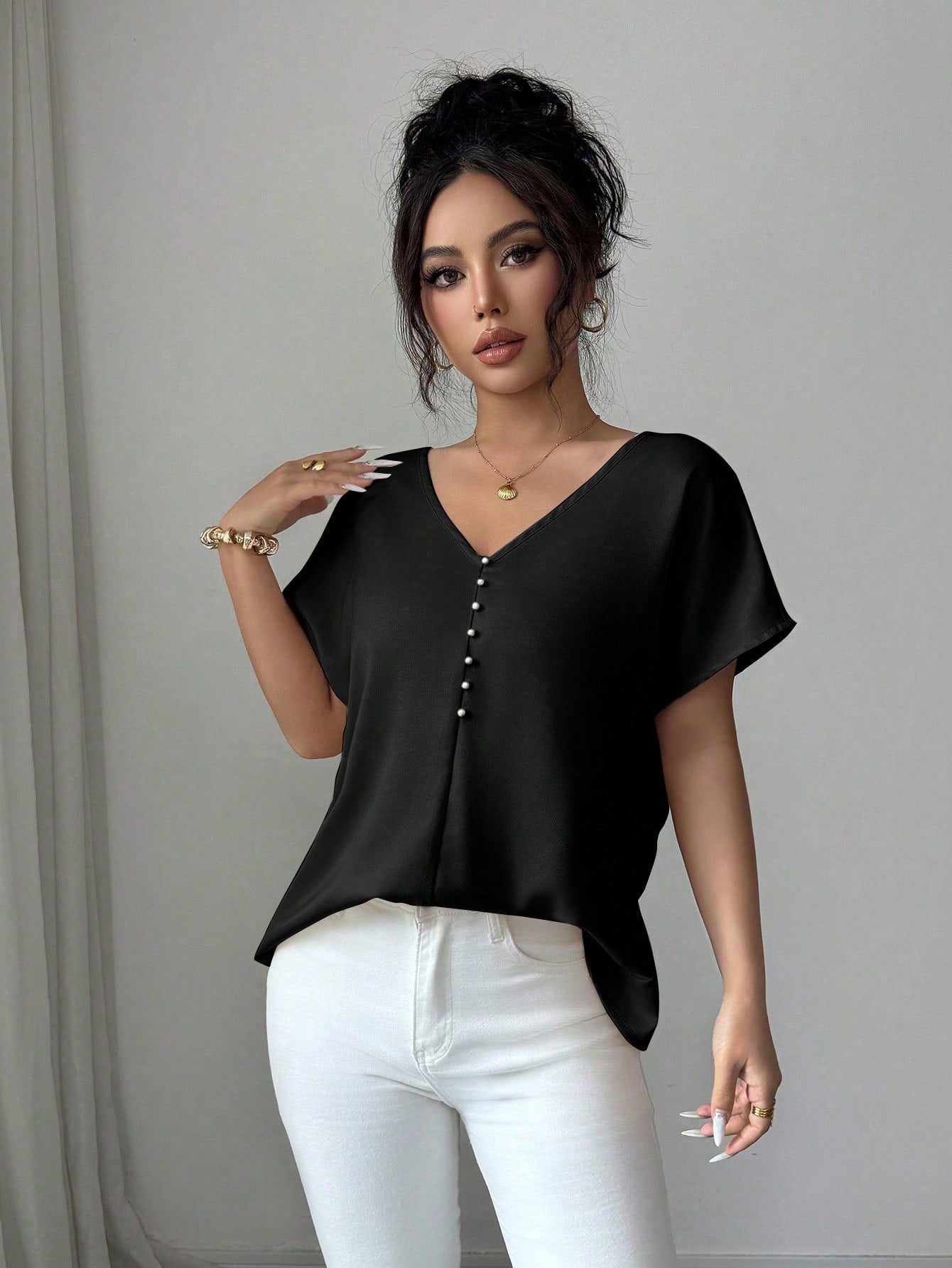 Elenzya Women's Summer Exquisite Elegant Satin Twisted Knot Backless Pearl Chain Decor Cold Shoulder Blouse