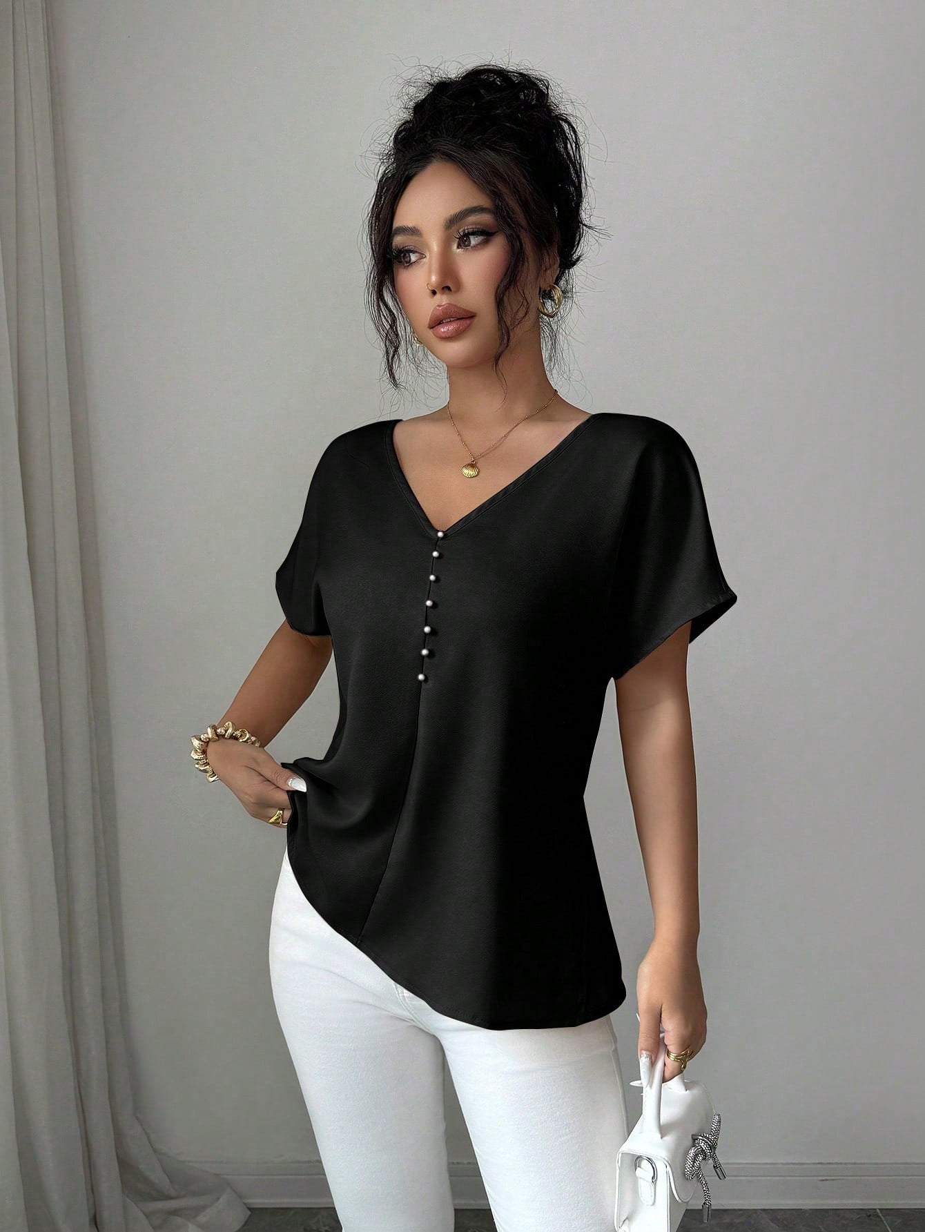 Elenzya Women's Summer Exquisite Elegant Satin Twisted Knot Backless Pearl Chain Decor Cold Shoulder Blouse