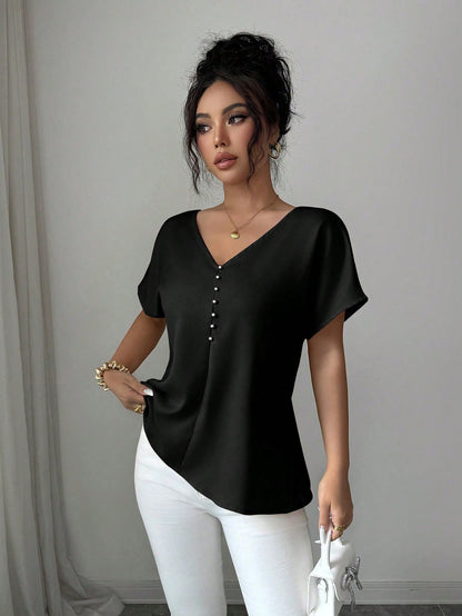Elenzya Women's Summer Exquisite Elegant Satin Twisted Knot Backless Pearl Chain Decor Cold Shoulder Blouse