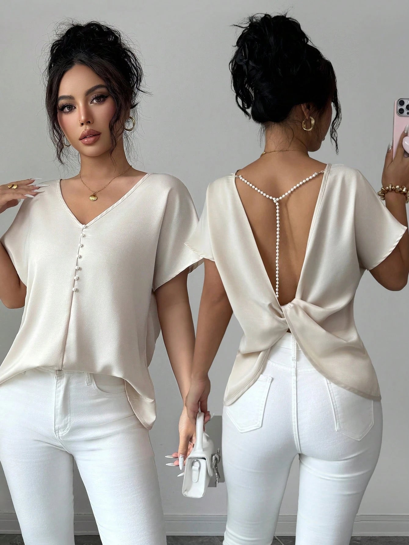 Elenzya Women's Summer Exquisite Elegant Satin Twisted Knot Backless Pearl Chain Decor Cold Shoulder Blouse
