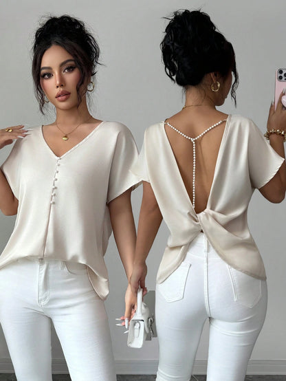 Elenzya Women's Summer Exquisite Elegant Satin Twisted Knot Backless Pearl Chain Decor Cold Shoulder Blouse