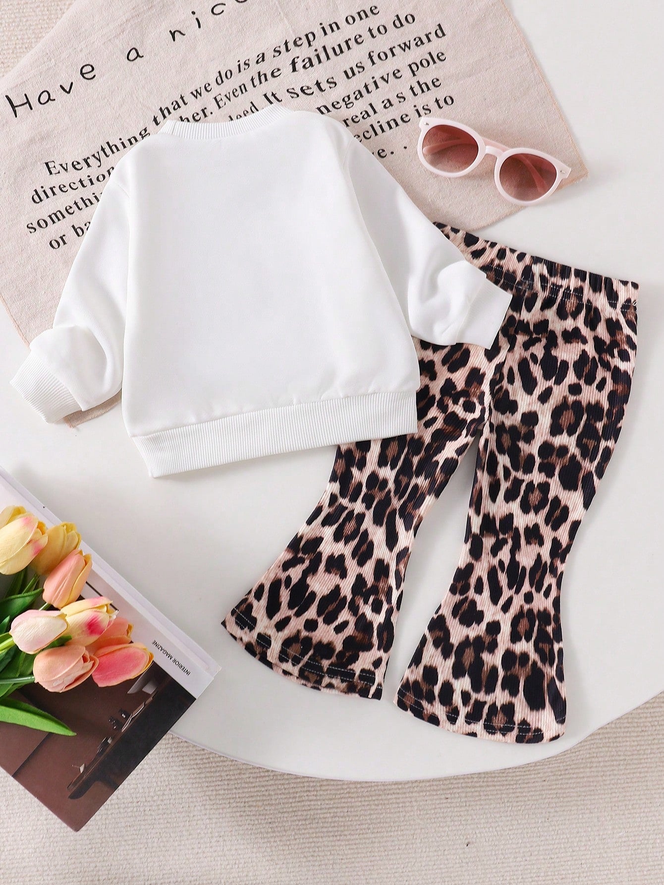 Elladie kids 2pcs/Set Baby Girl Long Sleeve Letter Print Top & Leopard Flare Leg Pants, Cute & Comfortable Casual Suit For Spring & Autumn