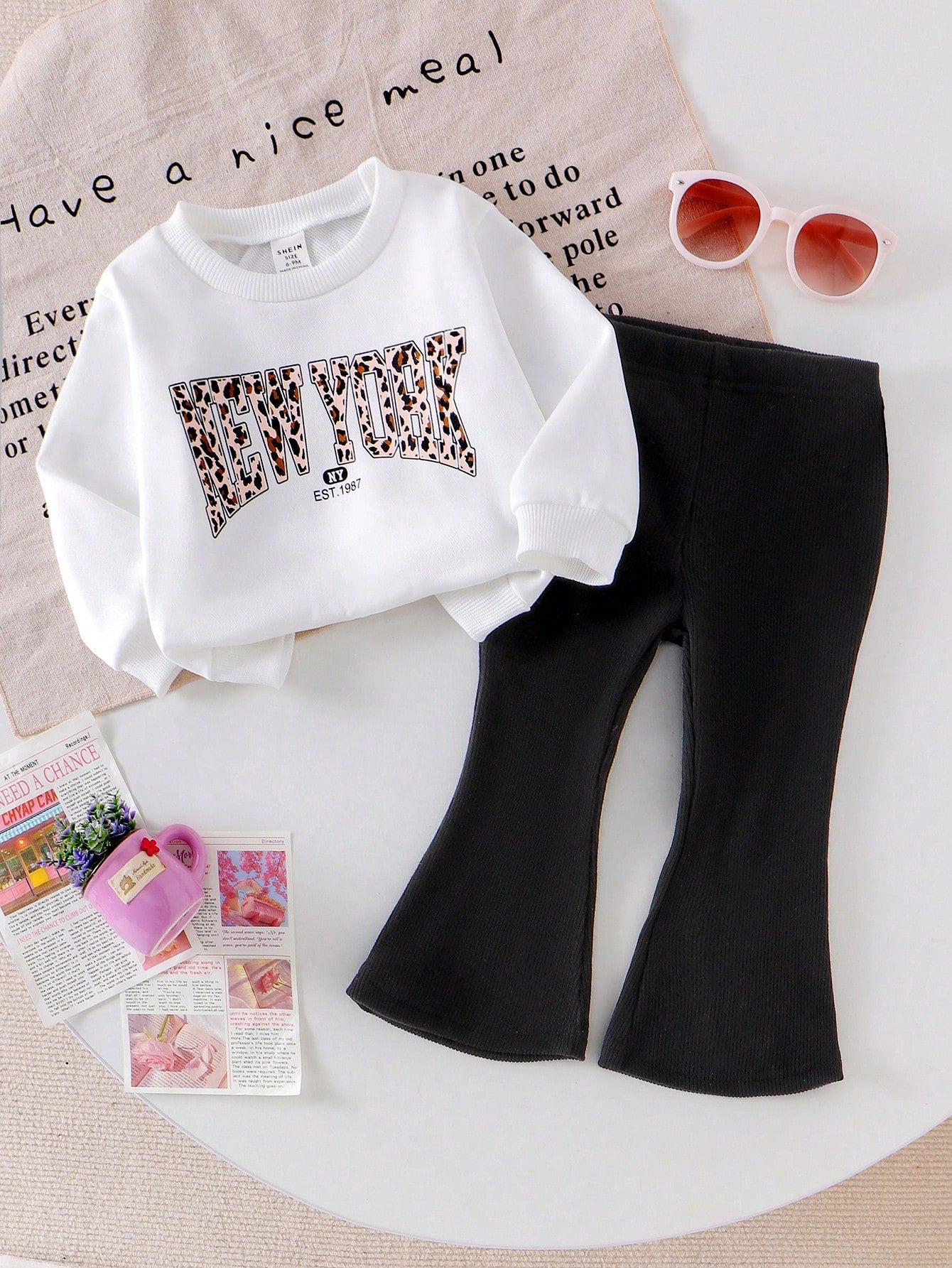 Elladie kids 2pcs/Set Baby Girl Long Sleeve Letter Print Top & Leopard Flare Leg Pants, Cute & Comfortable Casual Suit For Spring & Autumn