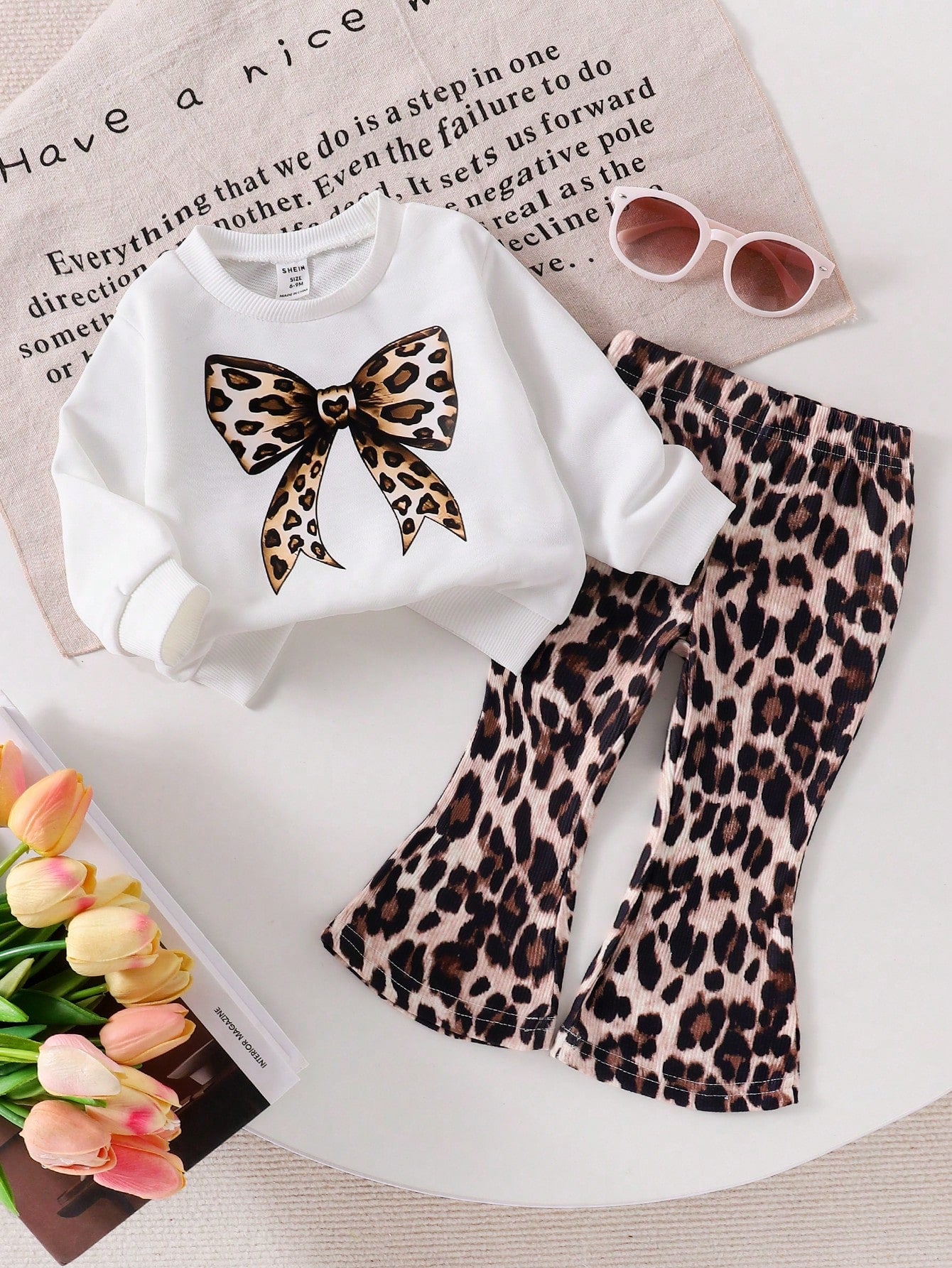 Elladie kids 2pcs/Set Baby Girl Long Sleeve Letter Print Top & Leopard Flare Leg Pants, Cute & Comfortable Casual Suit For Spring & Autumn