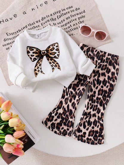 Elladie kids 2pcs/Set Baby Girl Long Sleeve Letter Print Top & Leopard Flare Leg Pants, Cute & Comfortable Casual Suit For Spring & Autumn