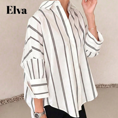 ELVA Women's Striped Long Sleeve Loose Office Shirt, Work, Valentine's Day, Autumn, Back To School, White