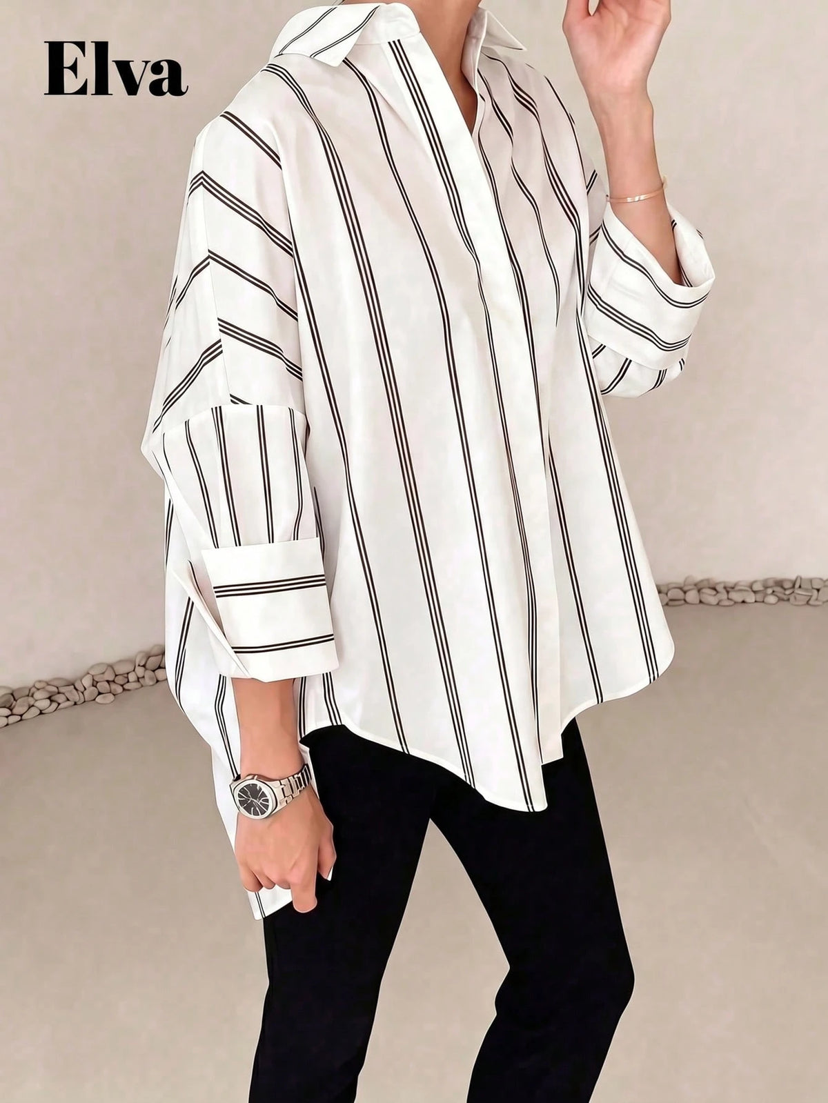 ELVA Women's Striped Long Sleeve Loose Office Shirt, Work, Valentine's Day, Autumn, Back To School, White