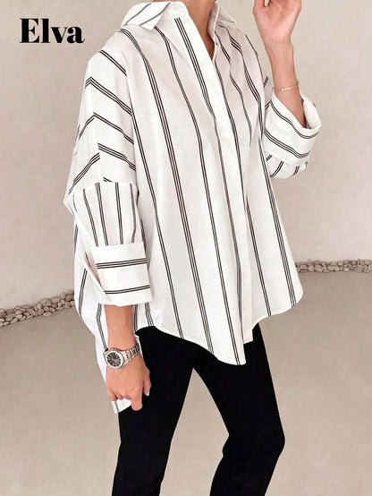 ELVA Women's Striped Long Sleeve Loose Office Shirt, Work, Valentine's Day, Autumn, Back To School, White