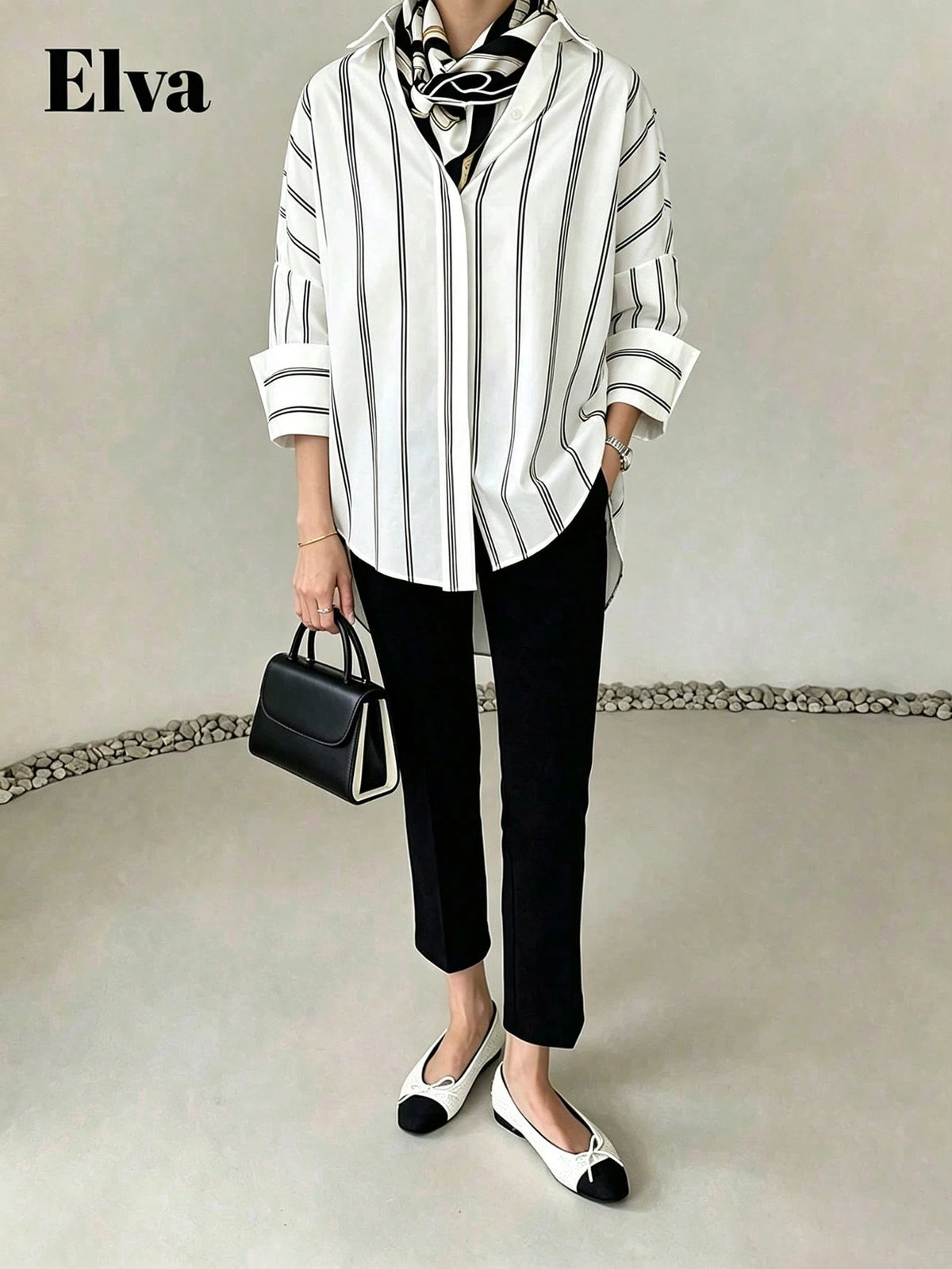 ELVA Women's Striped Long Sleeve Loose Office Shirt, Work, Valentine's Day, Autumn, Back To School, White