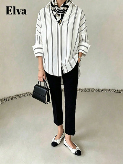 ELVA Women's Striped Long Sleeve Loose Office Shirt, Work, Valentine's Day, Autumn, Back To School, White