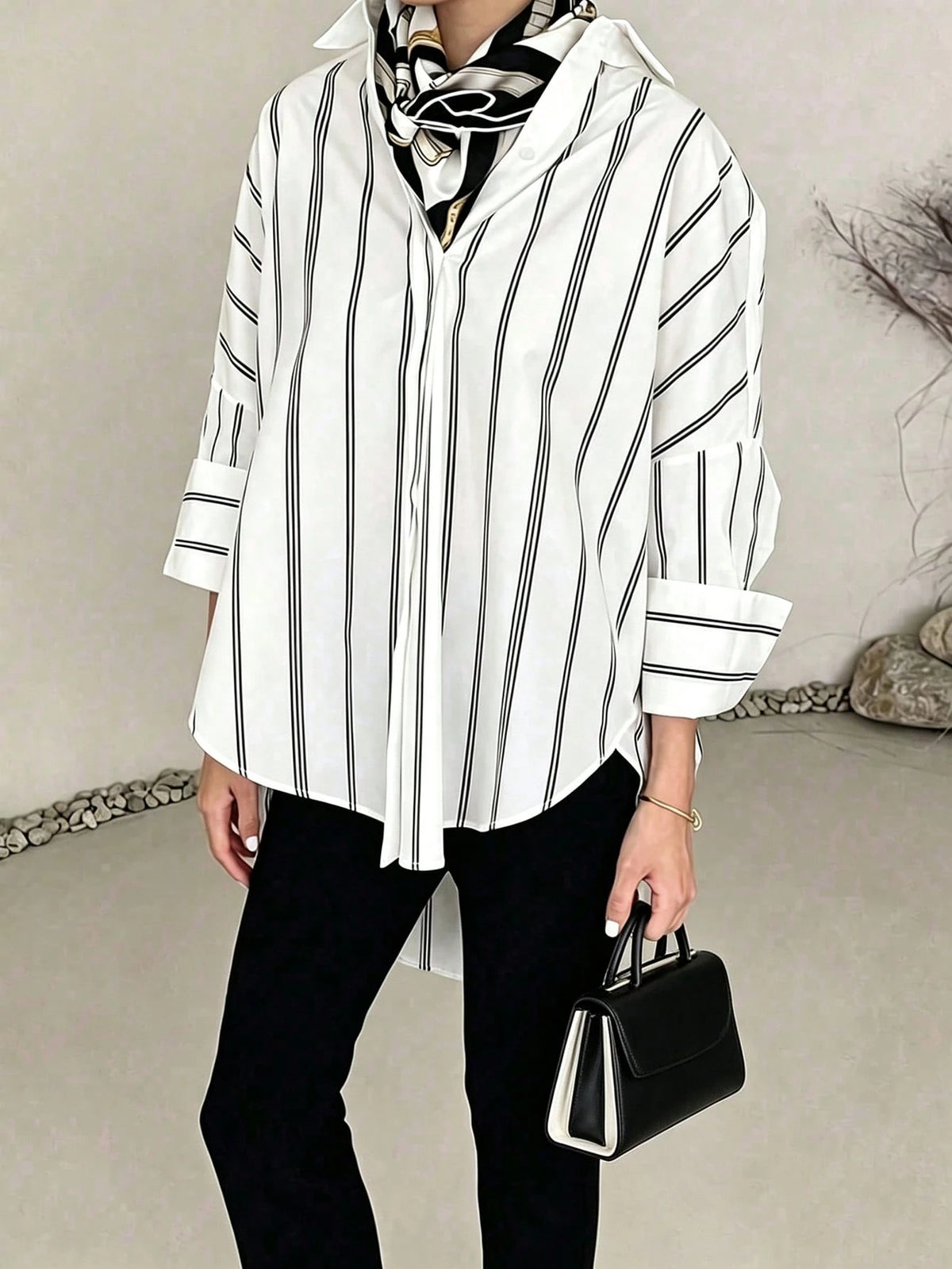 ELVA Women's Striped Long Sleeve Loose Office Shirt, Work, Valentine's Day, Autumn, Back To School, White