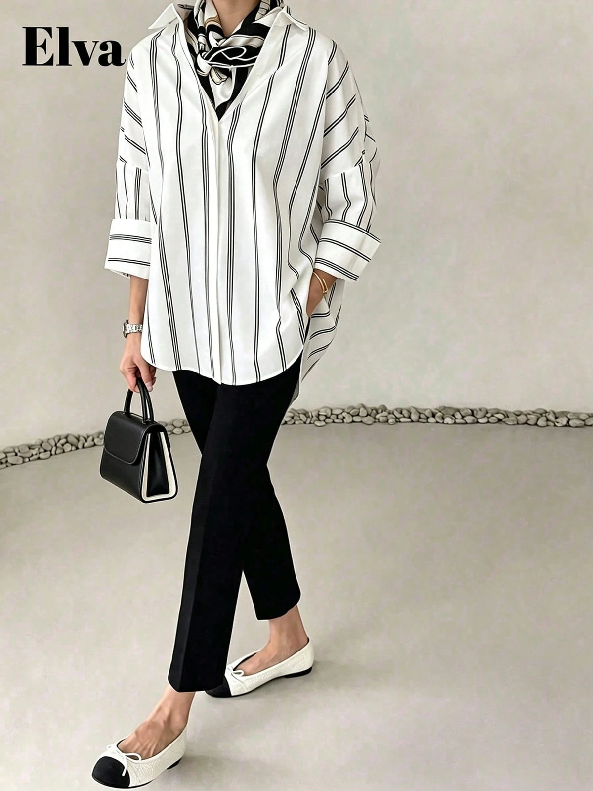 ELVA Women's Striped Long Sleeve Loose Office Shirt, Work, Valentine's Day, Autumn, Back To School, White