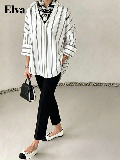 ELVA Women's Striped Long Sleeve Loose Office Shirt, Work, Valentine's Day, Autumn, Back To School, White