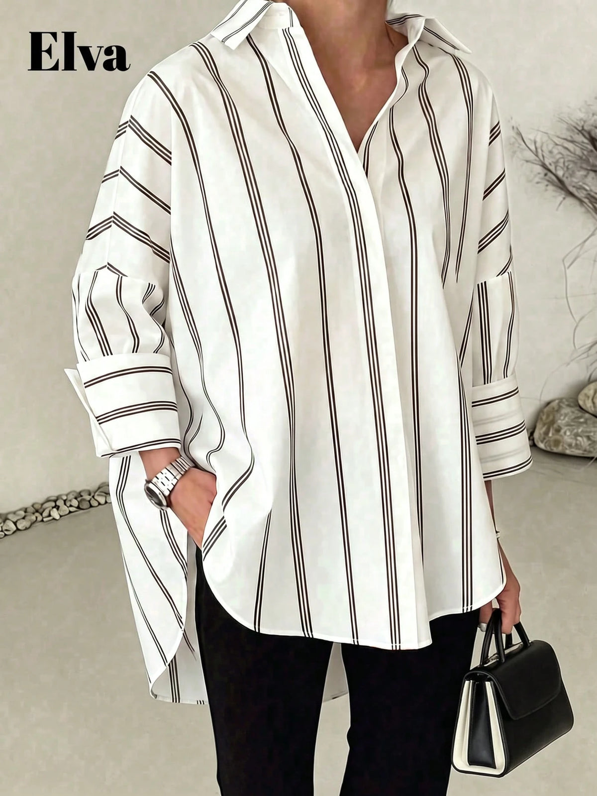 ELVA Women's Striped Long Sleeve Loose Office Shirt, Work, Valentine's Day, Autumn, Back To School, White