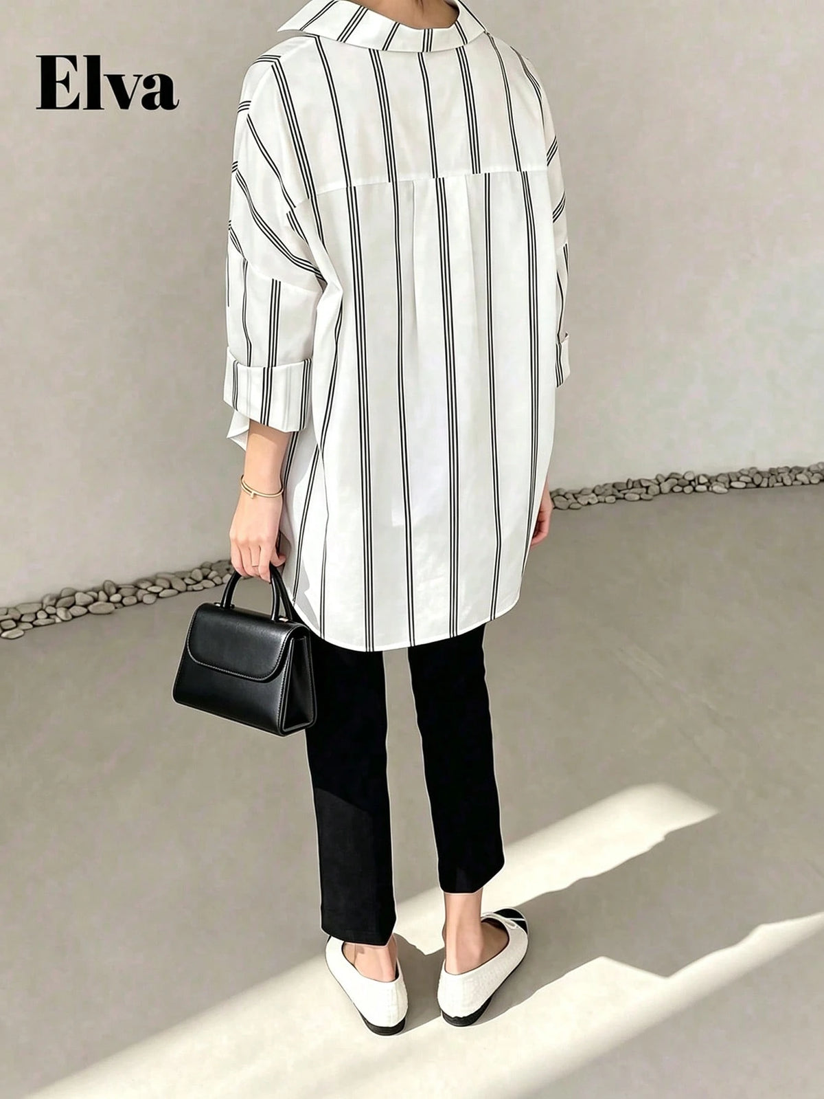 ELVA Women's Striped Long Sleeve Loose Office Shirt, Work, Valentine's Day, Autumn, Back To School, White