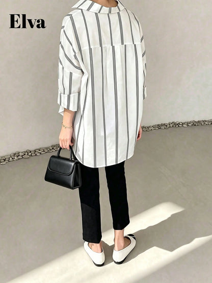 ELVA Women's Striped Long Sleeve Loose Office Shirt, Work, Valentine's Day, Autumn, Back To School, White