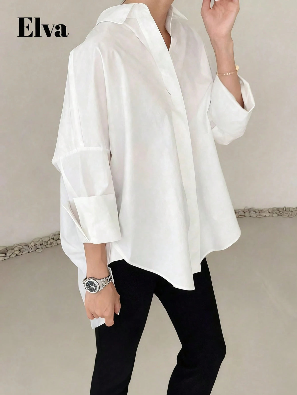 ELVA Women's Striped Long Sleeve Loose Office Shirt, Work, Valentine's Day, Autumn, Back To School, White