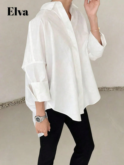 ELVA Women's Striped Long Sleeve Loose Office Shirt, Work, Valentine's Day, Autumn, Back To School, White