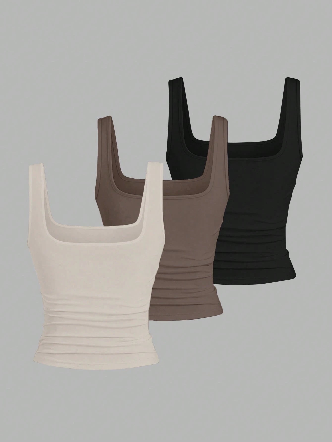 EMERY ROSE 3 Pack Plus Size Women Casual Pleated Round Neck Camisole,Fashion Summer Tank Tops Tight Neutral Top,Black,Sommar,Baggy,Casual,Gym 3-Piece Set