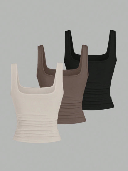 EMERY ROSE 3 Pack Plus Size Women Casual Pleated Round Neck Camisole,Fashion Summer Tank Tops Tight Neutral Top,Black,Sommar,Baggy,Casual,Gym 3-Piece Set