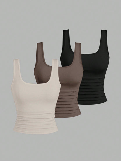 EMERY ROSE 3 Pack Plus Size Women Casual Pleated Round Neck Camisole,Fashion Summer Tank Tops Tight Neutral Top,Black,Sommar,Baggy,Casual,Gym 3-Piece Set