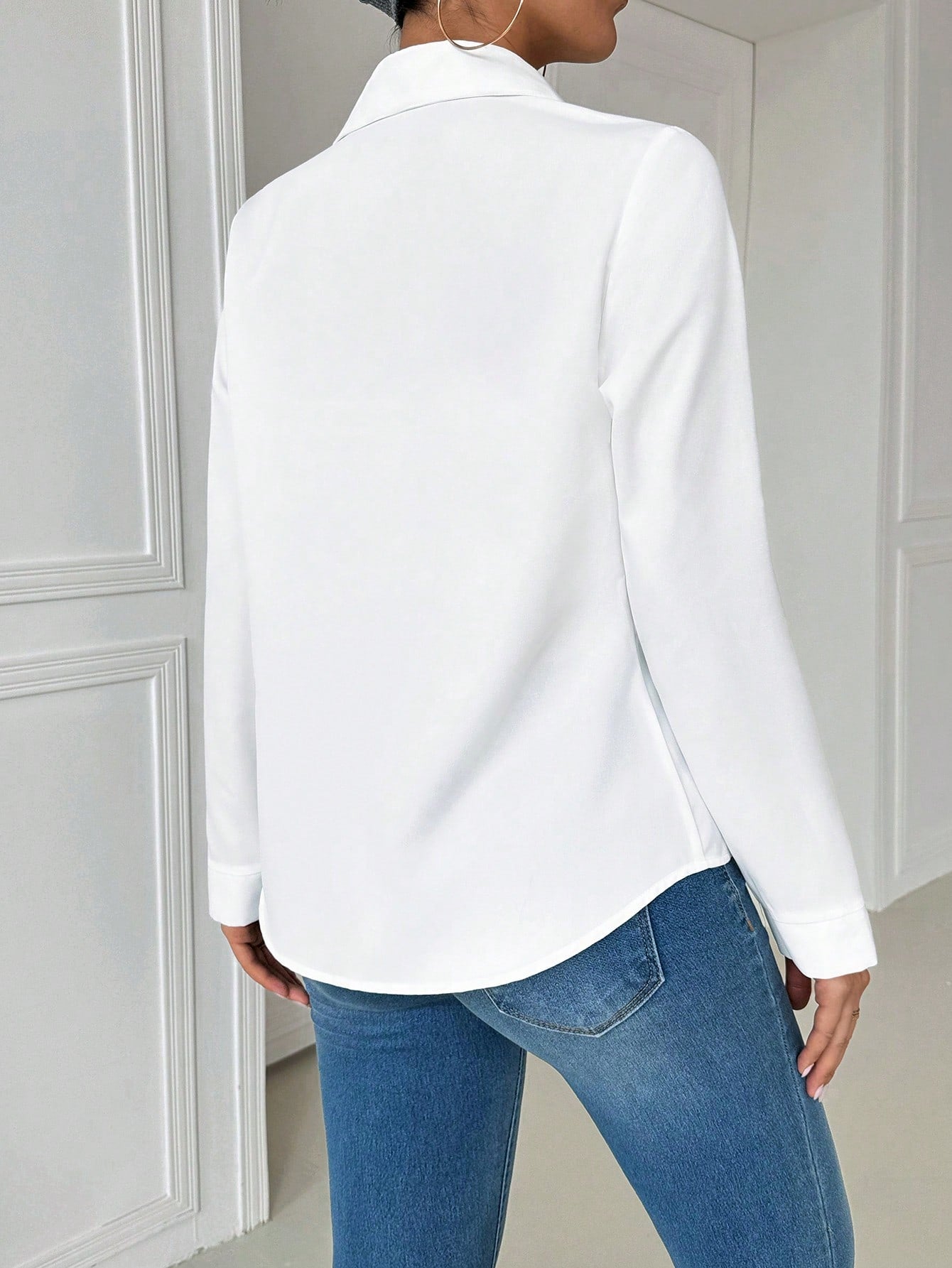 EMERY ROSE Casual Collared Pocket Fitted White Long Sleeve Women Blouse Women Shirt Fall Cloth For Women