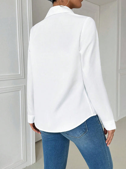 EMERY ROSE Casual Collared Pocket Fitted White Long Sleeve Women Blouse Women Shirt Fall Cloth For Women