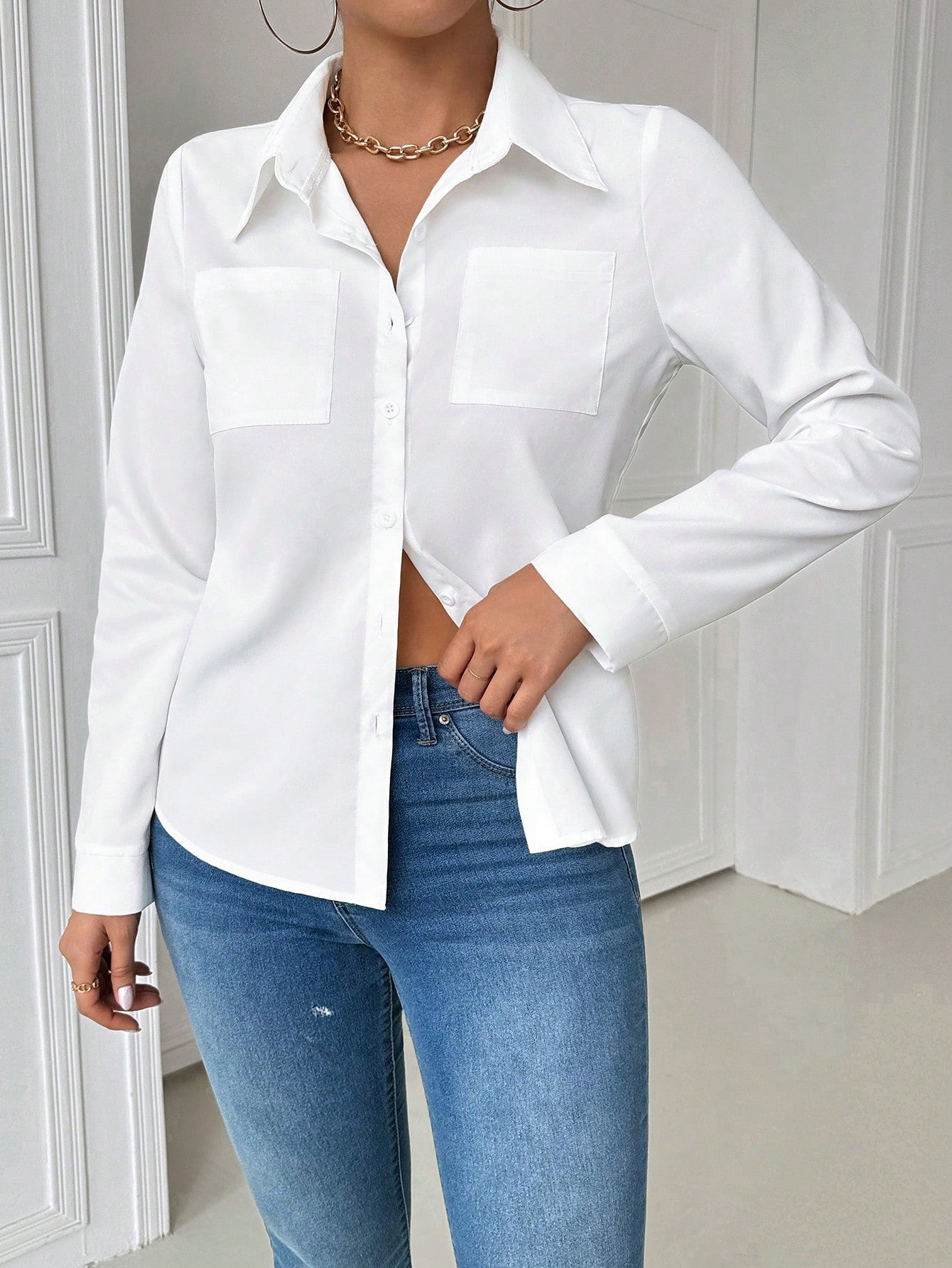 EMERY ROSE Casual Collared Pocket Fitted White Long Sleeve Women Blouse Women Shirt Fall Cloth For Women