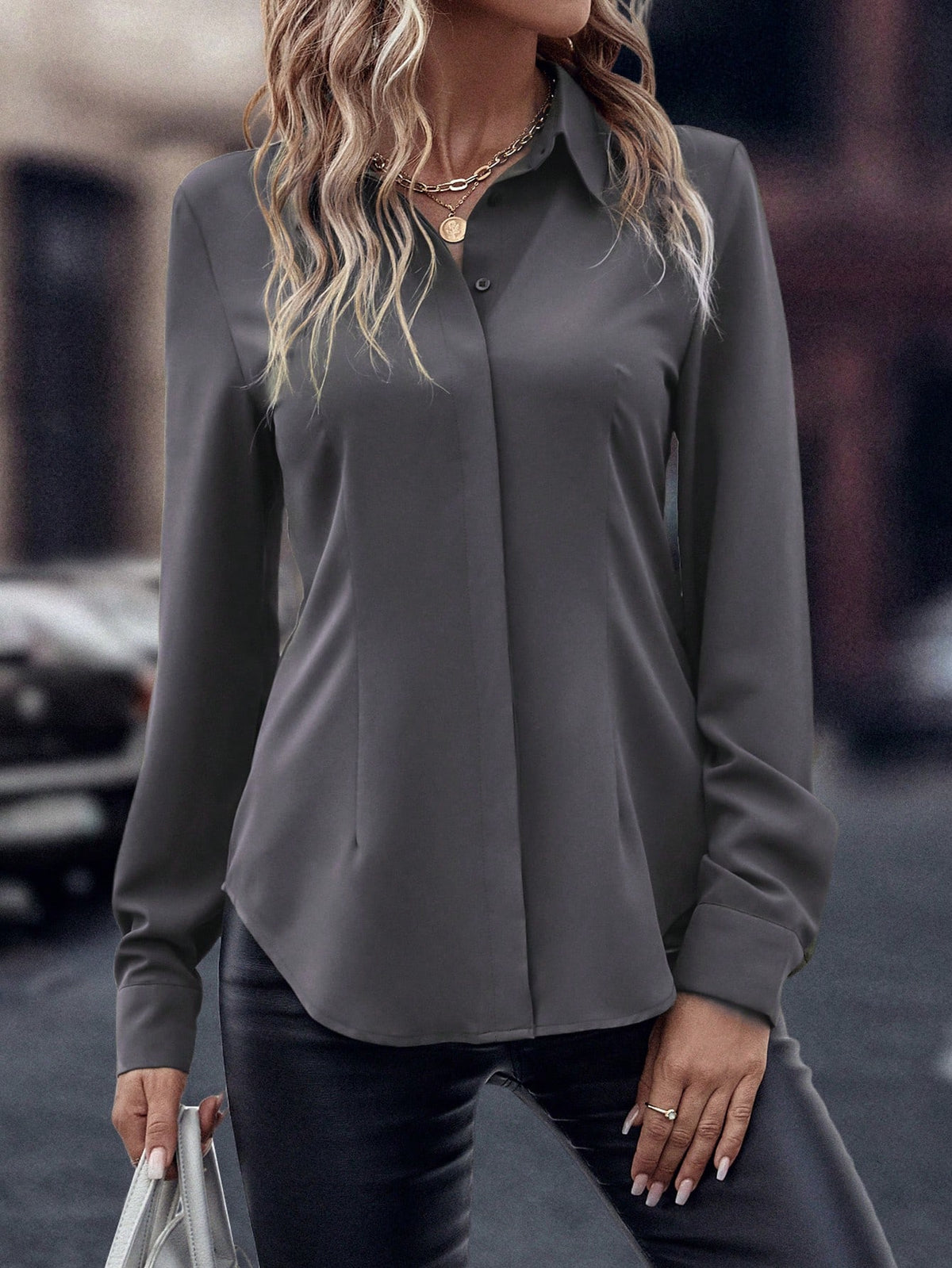 EMERY ROSE Casual Solid Color Long Sleeve Shirt For Spring And Autumn Fall Cloth For Women