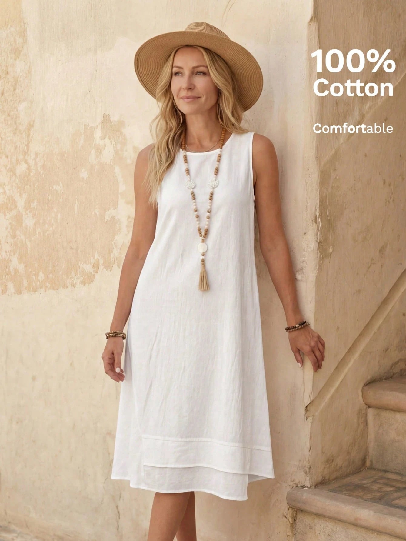 EMERY ROSE Casual Solid Color Round Neck A-Line Summer Dress, Women Summer Dress,Casual,Summer Dresses For Women