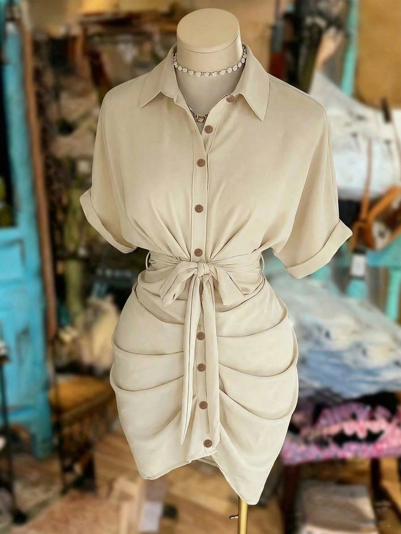 EMERY ROSE Collared Single-Breasted Tie-Waist Short Sleeve Shirt Dress
