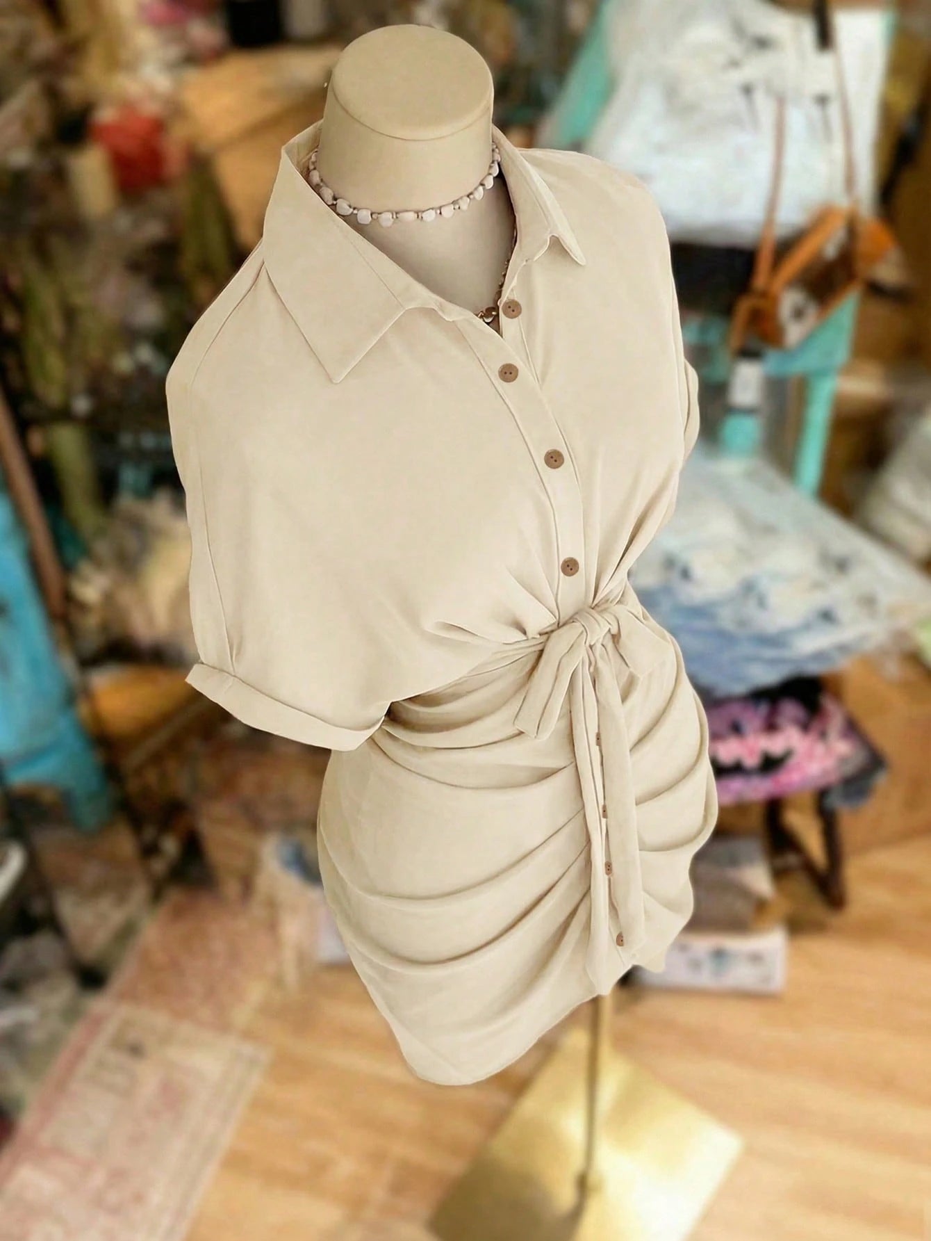 EMERY ROSE Collared Single-Breasted Tie-Waist Short Sleeve Shirt Dress