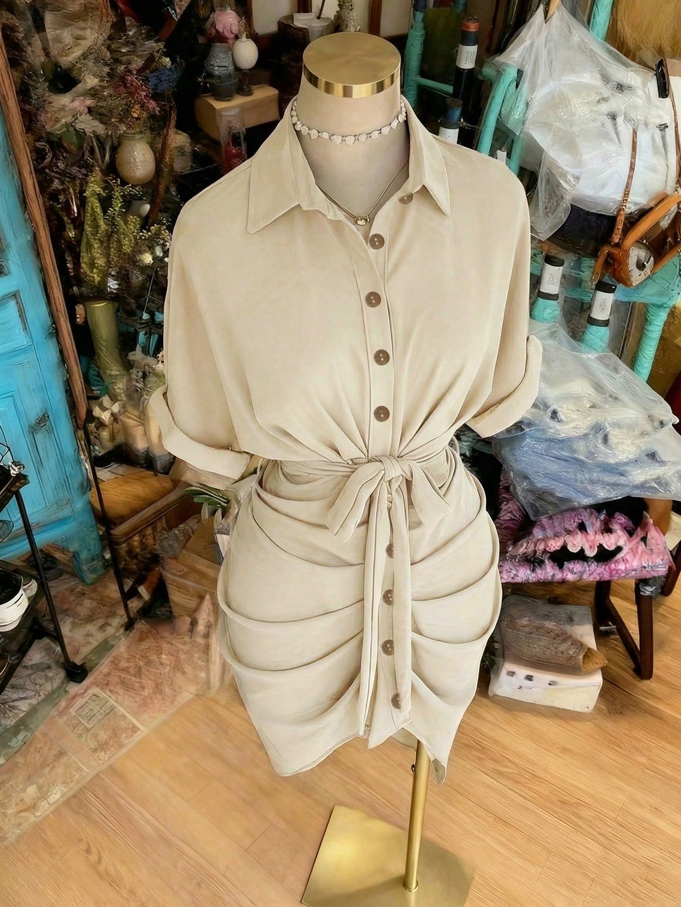 EMERY ROSE Collared Single-Breasted Tie-Waist Short Sleeve Shirt Dress