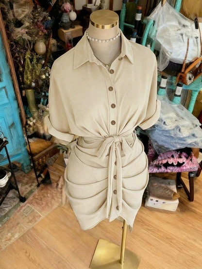 EMERY ROSE Collared Single-Breasted Tie-Waist Short Sleeve Shirt Dress