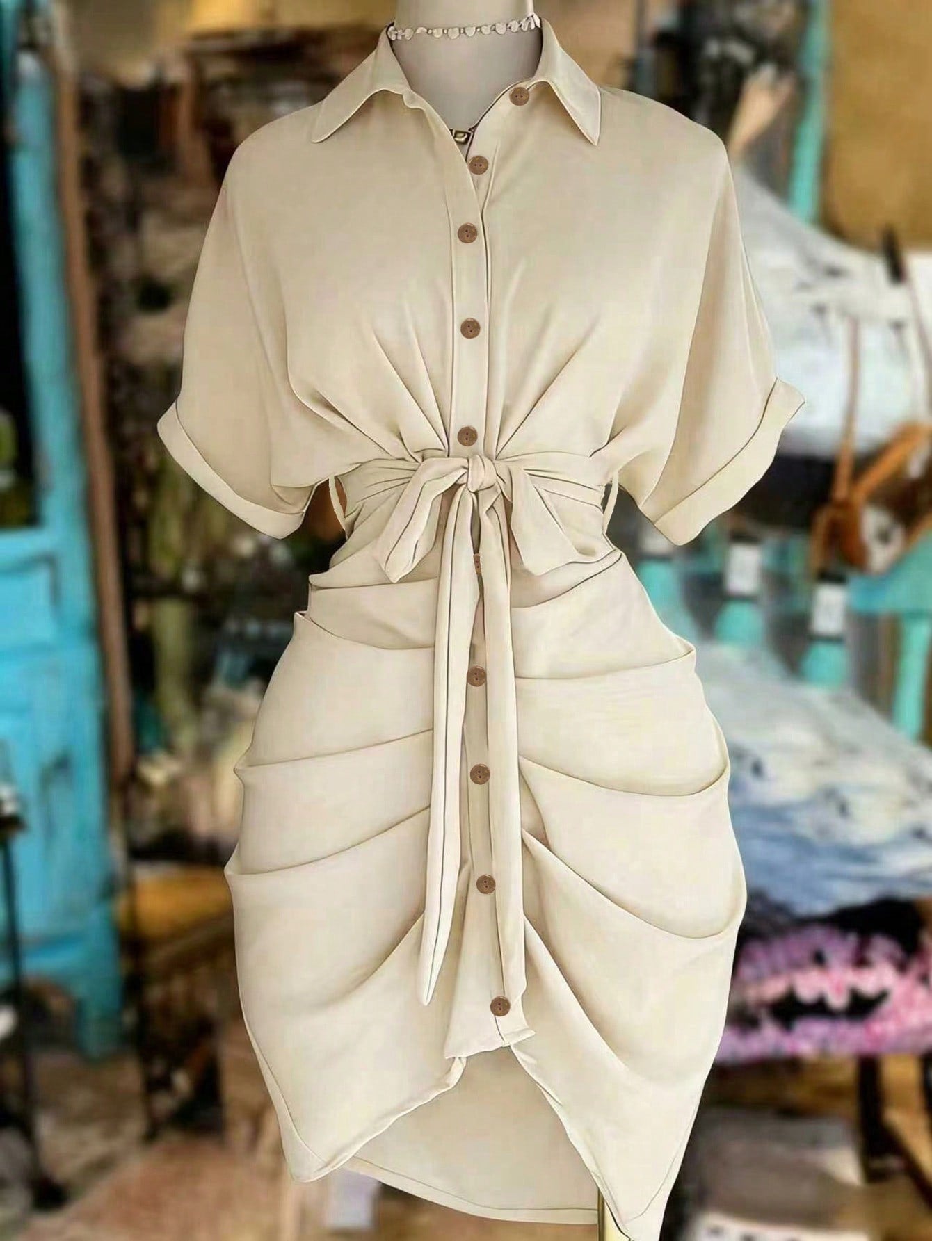EMERY ROSE Collared Single-Breasted Tie-Waist Short Sleeve Shirt Dress