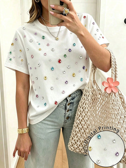 EMERY ROSE Colorful Faux Diamond Print Women's Crew Neck Short Sleeve T-Shirt, Suitable For Daily Wear