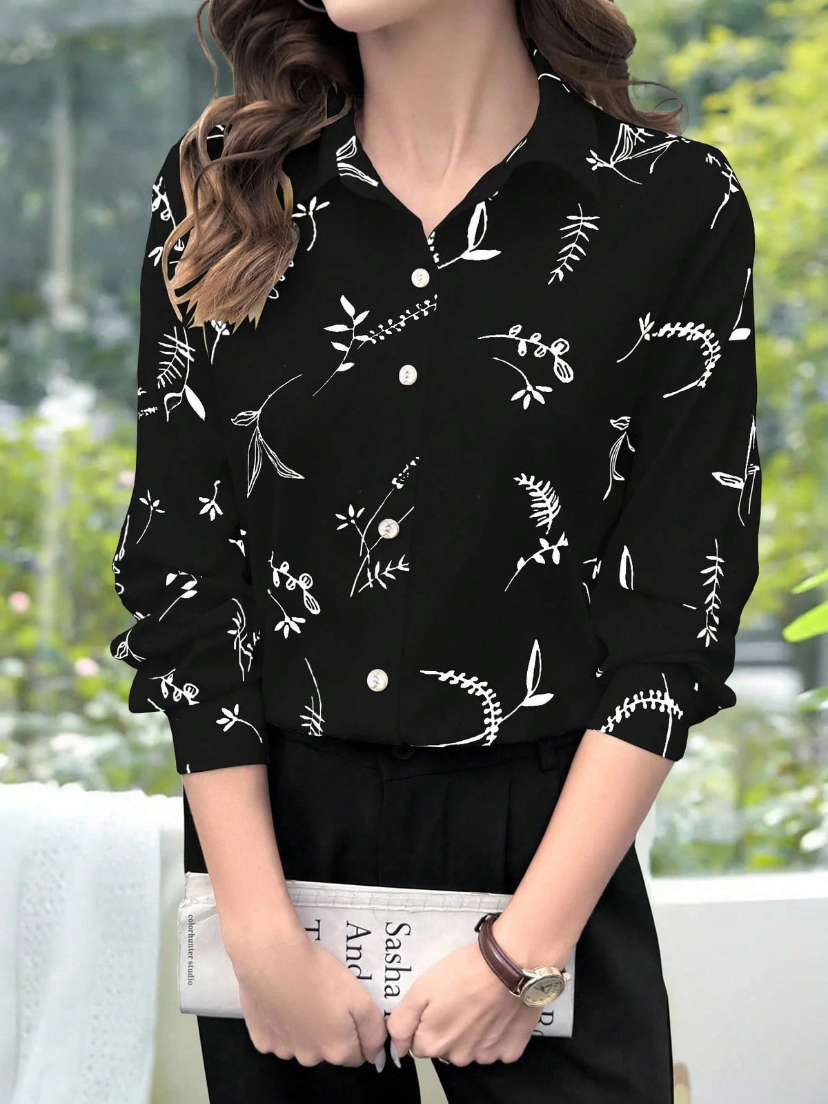 EMERY ROSE Elegant Casual Apricot Floral Print Long Sleeve Women Shirt Fall Cloth For Women