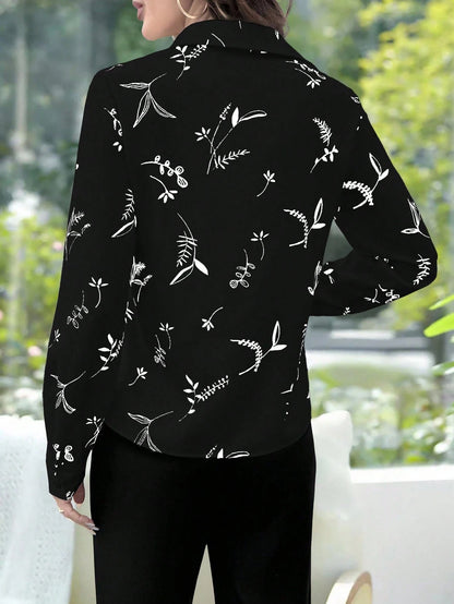 EMERY ROSE Elegant Casual Apricot Floral Print Long Sleeve Women Shirt Fall Cloth For Women