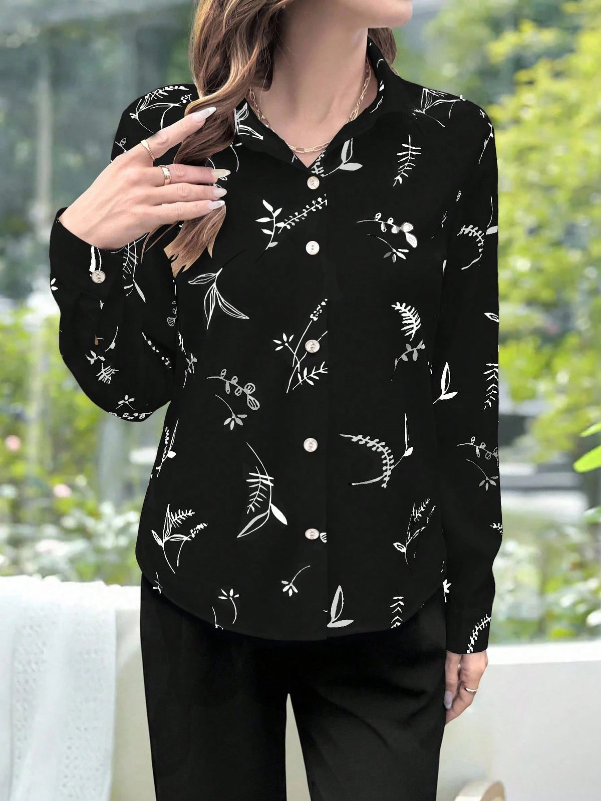 EMERY ROSE Elegant Casual Apricot Floral Print Long Sleeve Women Shirt Fall Cloth For Women