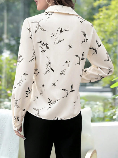 EMERY ROSE Elegant Casual Apricot Floral Print Long Sleeve Women Shirt Fall Cloth For Women