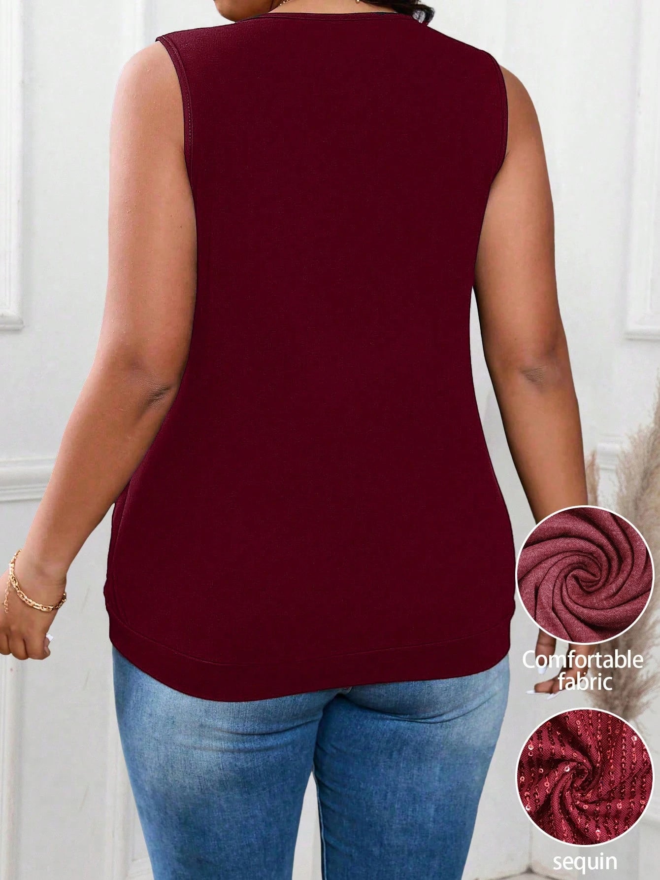 EMERY ROSE Plus Size Burgundy Square Neck Knit Sleeveless 2-In-1 Sequined Fabric Gathered Waist Tank Top,Autumn 70's Night Out Club Party Casual Loose Vest