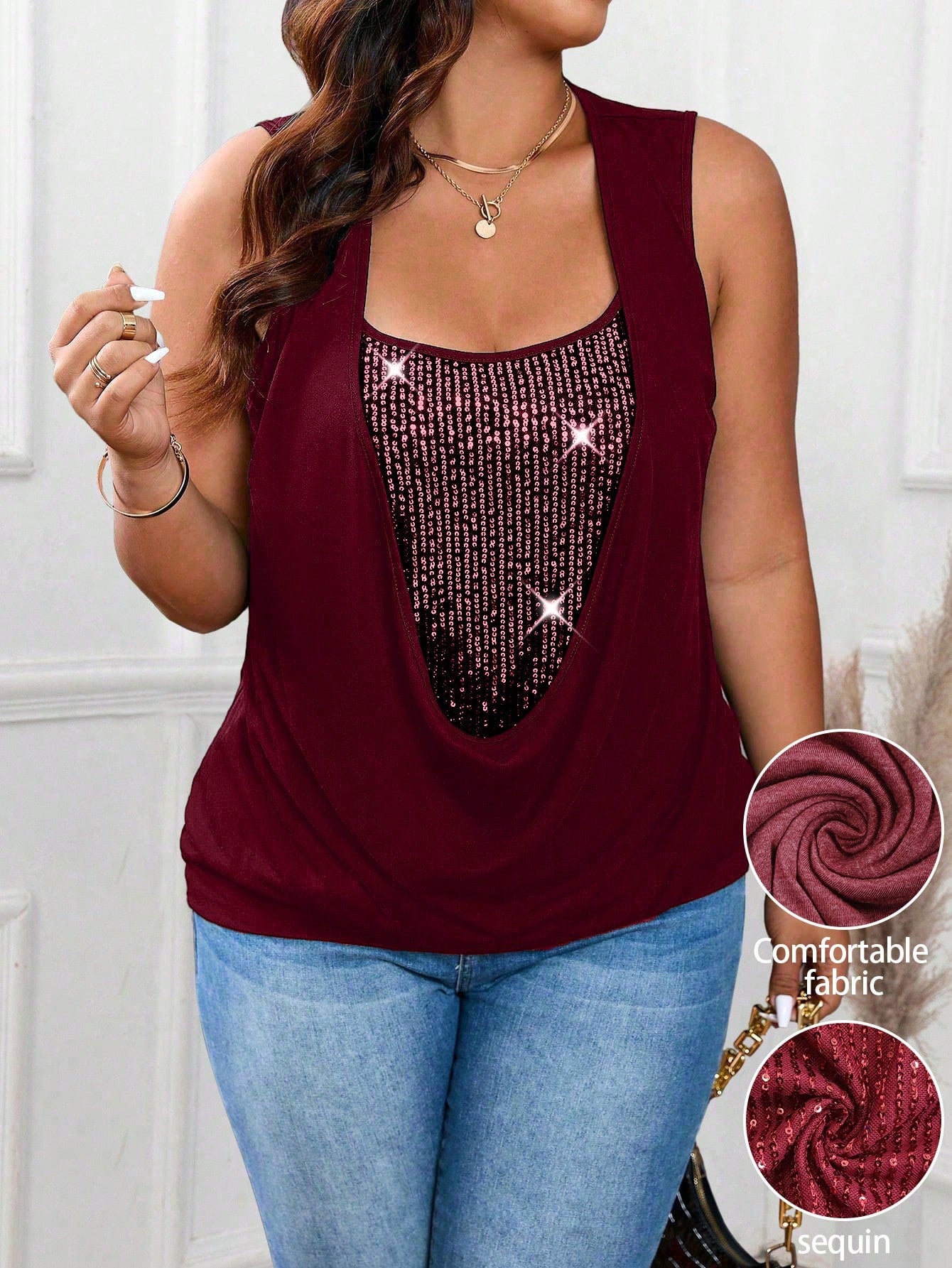 EMERY ROSE Plus Size Burgundy Square Neck Knit Sleeveless 2-In-1 Sequined Fabric Gathered Waist Tank Top,Autumn 70's Night Out Club Party Casual Loose Vest
